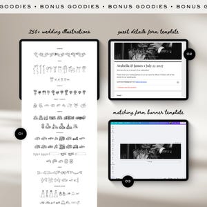 May include: Digital wedding templates displayed on tablets. The image shows a collection of illustrations, a guest details form, and a matching banner template. Text includes "250+ wedding illustrations" and wedding details.