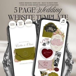 Puede incluir: Una plantilla de sitio web de bodas de 5 páginas para Canva con ilustraciones dibujadas a mano. Dos teléfonos inteligentes muestran invitaciones digitales, formularios RSVP y detalles en tonos oliva, rosa y burdeos, incluyendo texto como "Cecilia & Oliver" y "Kindly RSVP."