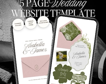 Pink & Green Wedding Website Template with RSVP: Classic Floral Envelope Digital Invitation