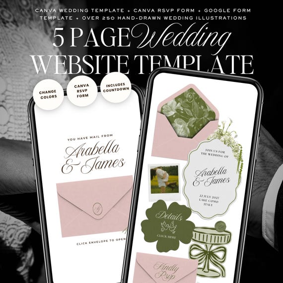 Pink & Green Wedding Website Template with RSVP: Classic Floral Envelope Digital Invitation