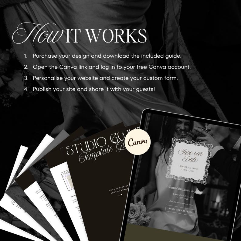 May include: A monochrome image showing instructions for using a Canva template, with the text "How It Works". It features a tablet displaying a wedding invitation design and a stack of design guides.