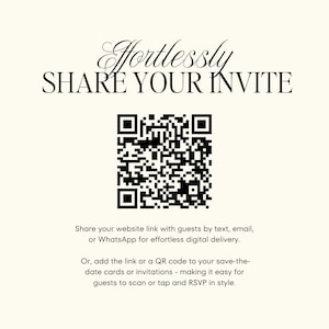 Puede incluir: Un gr&aacute;fico en blanco y negro con un c&oacute;digo QR centrado sobre un fondo crema. El texto dice: Effortlessly SHARE YOUR INVITE. Share your website link with guests by text, email, or WhatsApp for effortless digital delivery. Or, add the link or a QR code to your save-the-date cards or invitations - making it easy for guests to scan or tap and RSVP in style.