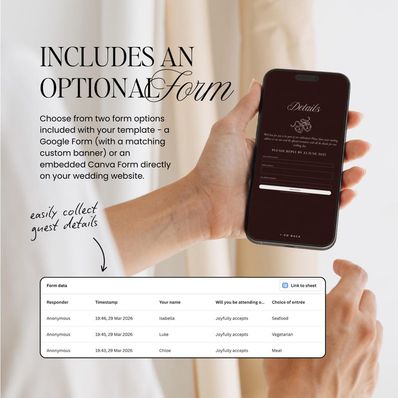 May include: A smartphone displays a wedding details form with fields for guest information. The screen shows a dark background with white text. The image includes the text "INCLUDES AN OPTIONAL Form" and "easily collect guest details."