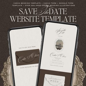 Può includere: Due smartphone che mostrano un modello di sito web per matrimoni con sfondi color crema e accenti marrone scuro. Gli schermi mostrano testo tra cui SAVE THE DATE WEBSITE TEMPLATE, YOU'VE GOT MAIL FROM Cecilia & Oliver e un timer per il conto alla rovescia.