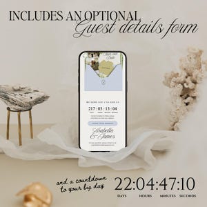 May include: A smartphone displays a digital wedding invitation with a countdown timer and the names Arabella & James. The invitation includes the text "Save the Date" and "Guest details form". A countdown clock shows 22 days, 4 hours, 47 minutes, and 10 seconds.