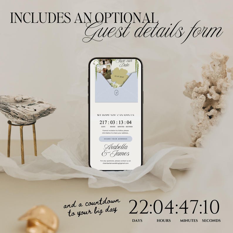 May include: A smartphone displays a digital wedding invitation with a countdown timer and the names Arabella & James. The invitation includes the text "Save the Date" and "Guest details form". A countdown clock shows 22 days, 4 hours, 47 minutes, and 10 seconds.