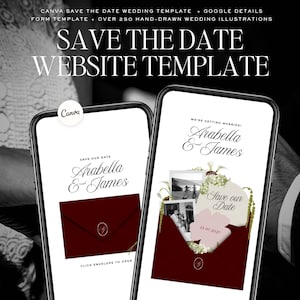 May include: Two smartphones showcasing a wedding website template. The screens display a burgundy envelope design with the names "Arabella & James" and the text "Save our Date." The Canva logo is visible. The top text reads "SAVE THE DATE WEBSITE TEMPLATE."
