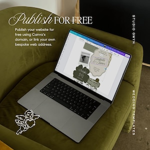 May include: A laptop displaying a wedding template design sits on a green velvet chair. The screen shows a design with the text "Arabella & James" and "Delaks". The image also includes the text "Publish FOR FREE" and "STUDIO GWYN WEDDING TEMPLATES".