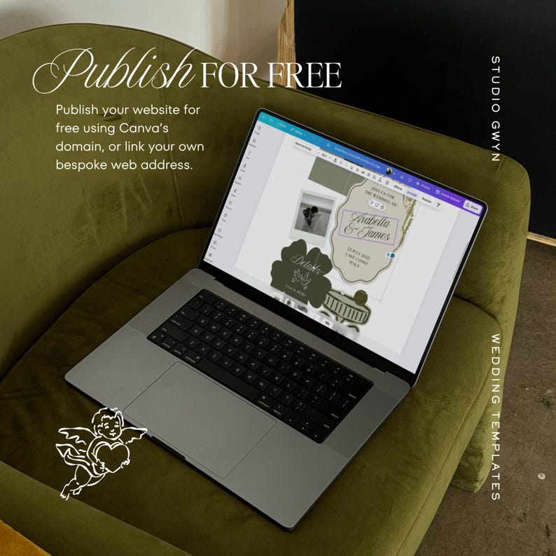 May include: A laptop displaying a wedding template design sits on a green velvet chair. The screen shows a design with the text "Arabella & James" and "Delaks". The image also includes the text "Publish FOR FREE" and "STUDIO GWYN WEDDING TEMPLATES".