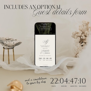 Puede incluir: Una invitaci&oacute;n de boda digital en la pantalla de un smartphone, con los nombres Arabella & James, un temporizador de cuenta regresiva y el texto "Includes an optional guest details form." El dise&ntilde;o es elegante con una paleta de colores neutros y elementos decorativos.