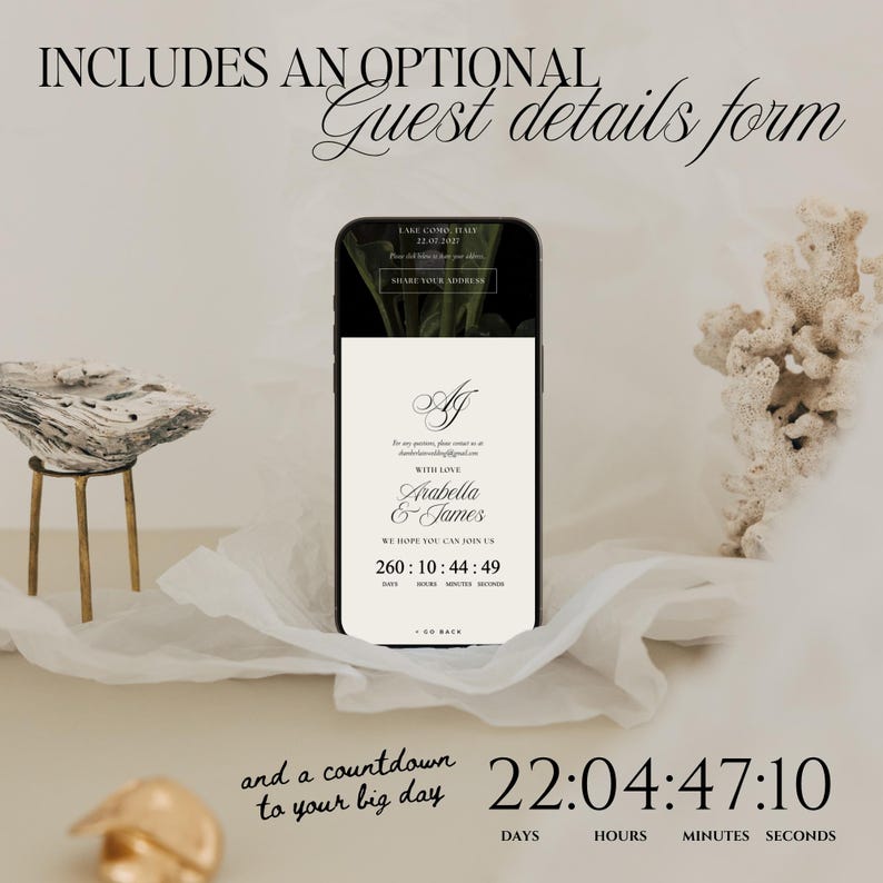 Puede incluir: Una invitaci&oacute;n de boda digital en la pantalla de un smartphone, con los nombres Arabella & James, un temporizador de cuenta regresiva y el texto "Includes an optional guest details form." El dise&ntilde;o es elegante con una paleta de colores neutros y elementos decorativos.