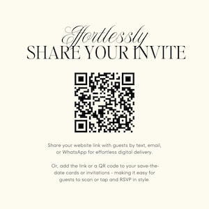 Puede incluir: Gr&aacute;fico color crema con las palabras "Effortlessly Share Your Invite" en escritura elegante. Un c&oacute;digo QR est&aacute; centrado debajo del texto. Texto adicional explica c&oacute;mo compartir un enlace web o c&oacute;digo QR para confirmaciones.