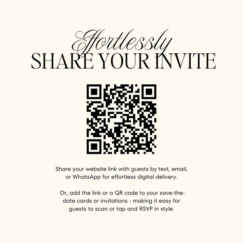 Puede incluir: Gr&aacute;fico color crema con las palabras "Effortlessly Share Your Invite" en escritura elegante. Un c&oacute;digo QR est&aacute; centrado debajo del texto. Texto adicional explica c&oacute;mo compartir un enlace web o c&oacute;digo QR para confirmaciones.