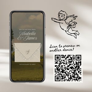 May include: A smartphone screen displays a digital invitation. The text reads "You've got mail from Arabella & James." An envelope graphic is shown with the text "Tap envelope to open." A QR code and a line drawing of an angel are also present.
