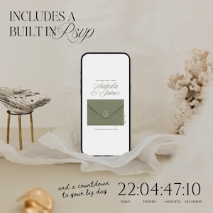May include: A smartphone displays a digital invitation with the names "Arabella & James" and a green envelope graphic. The text "INCLUDES A BUILT IN RSVP" and "and a countdown to your big day" are also visible. A countdown timer shows 22 days, 4 hours, 47 minutes, and 10 seconds.