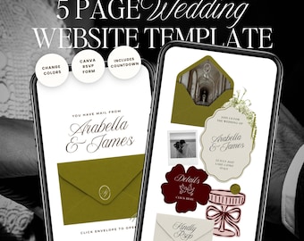Olive Green & Burgundy Wedding Website Template with RSVP: Classic Floral Envelope Digital Invitation