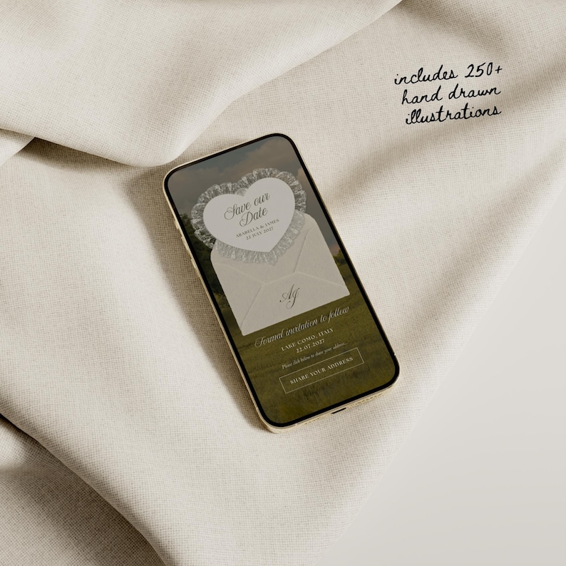 May include: A smartphone displays a wedding invitation design with a heart-shaped "Save our Date" graphic. The phone rests on a cream-colored fabric. Text on the screen includes "Formal invitation to follow" and "Share your address."