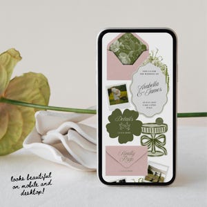 Pink & Green Wedding Website Template with RSVP: Classic Floral Envelope Digital Invitation 画像 7