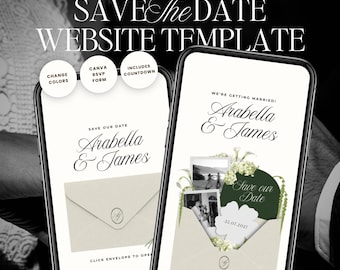 White & Green Save The Date Wedding Website Template: Classic Floral Envelope Digital Invitation