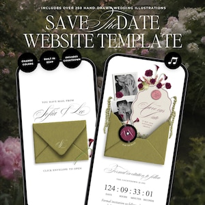 Chartreuse, Pink and Burgundy Save The Date Wedding Website Template: Classic Floral Envelope Digital Invitation