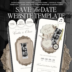 Op de afbeelding: Een digitale trouwwebsite-sjabloon weergegeven op twee smartphones, met een vintage sierlijk lijstontwerp, fotostrips, een afteltimer en de tekst "SAVE THE DATE WEBSITE TEMPLATE" samen met "Cecilia & Oliver" en "Save our Date".