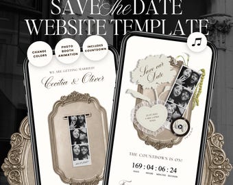 Ivory Photo Booth Save The Date Wedding Website Template: Classic Old Money Lace Digital Invitation with Music