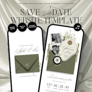 Puede incluir: Una plantilla de sitio web digital Save the Date mostrada en dos teléfonos inteligentes. Las pantallas muestran un sobre verde oliva, fotos de boda, un sello de cera, ilustraciones florales y un temporizador con el texto Save the Date.