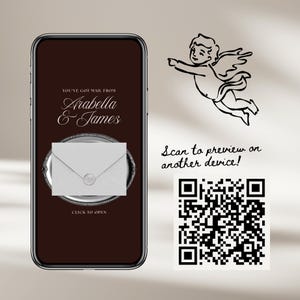 May include: A smartphone screen displays a digital invitation. The text reads "You've got mail from Arabella & James." A white envelope rests on a silver platter. A QR code and a line drawing of an angel are also visible.