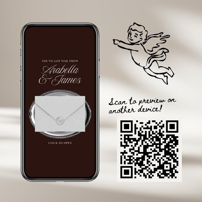 May include: A smartphone screen displays a digital invitation. The text reads "You've got mail from Arabella & James." A white envelope rests on a silver platter. A QR code and a line drawing of an angel are also visible.