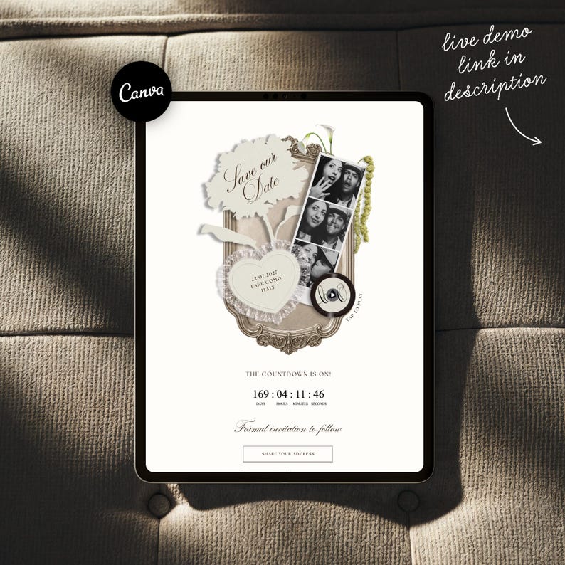 May include: A digital save the date invitation displayed on a tablet screen featuring a vintage-style frame, a black and white photo strip, a heart-shaped card with lace trim, and a countdown timer showing 169 days, 04 hours, 11 minutes, 46 seconds.