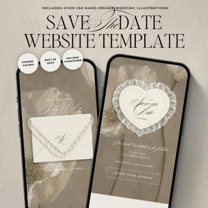 Könnte beinhalten: Eine digitale Save-the-Date-Website-Vorlage auf zwei Smartphones. Die Bildschirme zeigen einen beigen Blumenhintergrund, eine Grafik mit einem spitzenbesetzten Umschlag und einen herzförmigen Spitzenrahmen mit dem Text Save our Date und 17.05.2028.