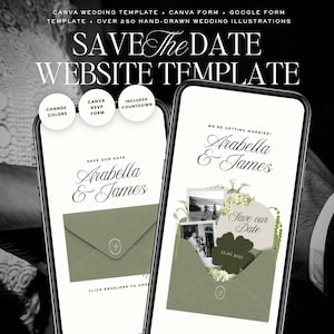 May include: Two smartphones showcasing a wedding website template. The screens display "Save the Date" and "Arabella & James." The design features an olive green envelope with floral accents and the date 22.07.2027.