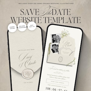 Op de afbeelding: Twee smartphones met een digitale website-sjabloon voor een trouwkaart. De schermen tonen crèmekleurige briefpapierontwerpen met elegante kalligrafie, waszegels, bloemillustraties en een afteltimer voor de bruiloft.