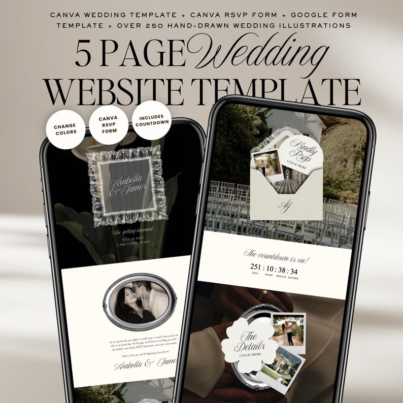 May include: Two smartphones displaying a wedding website template. The template includes a countdown timer, photo galleries, and RSVP form. Text on the screen reads "5 Page Wedding Website Template" and "Canva Wedding Template".