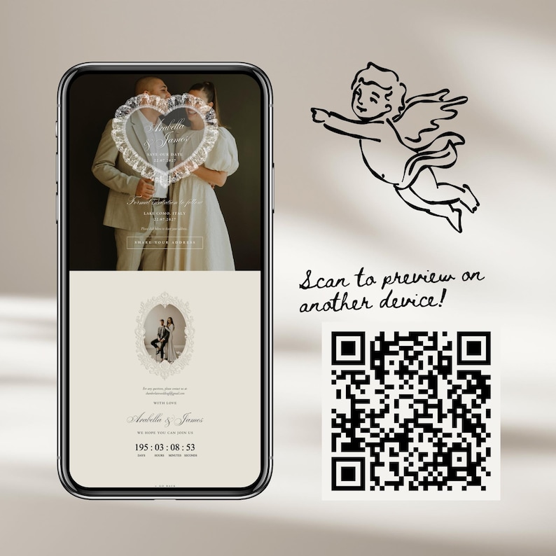 K&ouml;nnte beinhalten: Ein Smartphone zeigt eine digitale Hochzeitseinladung mit einem herzf&ouml;rmigen Spitzenrahmen, einem Countdown-Timer und den Namen Arabella & James. Neben dem Telefon befindet sich eine schwarze Strichzeichnung eines Putto und ein QR-Code mit dem Text Scan to preview on another device!