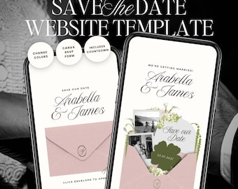 Pink & Green Save The Date Wedding Website Template: Classic Floral Envelope Digital Invitation