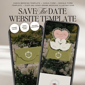 May include: A digital Save the Date website template displayed on two smartphones, featuring a green envelope graphic, swan illustrations, and text including "Cecilia & Oliver" and "Save the Date". The design includes customizable color options, a guest details form, and a countdown feature for wedding planning.