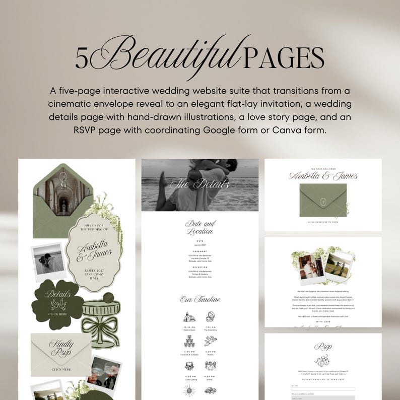 Sage & Ivory Wedding Website Template with RSVP: Classic Floral Envelope Digital Invitation image 12