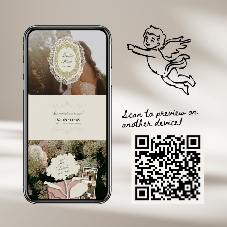 Puede incluir: Una pantalla de smartphone muestra una invitaci&oacute;n de boda digital con un temporizador de cuenta regresiva, im&aacute;genes florales y el texto Kindly Rsvp, The countdown is on y The Details. Junto al tel&eacute;fono hay un dibujo de un querub&iacute;n y un c&oacute;digo QR.