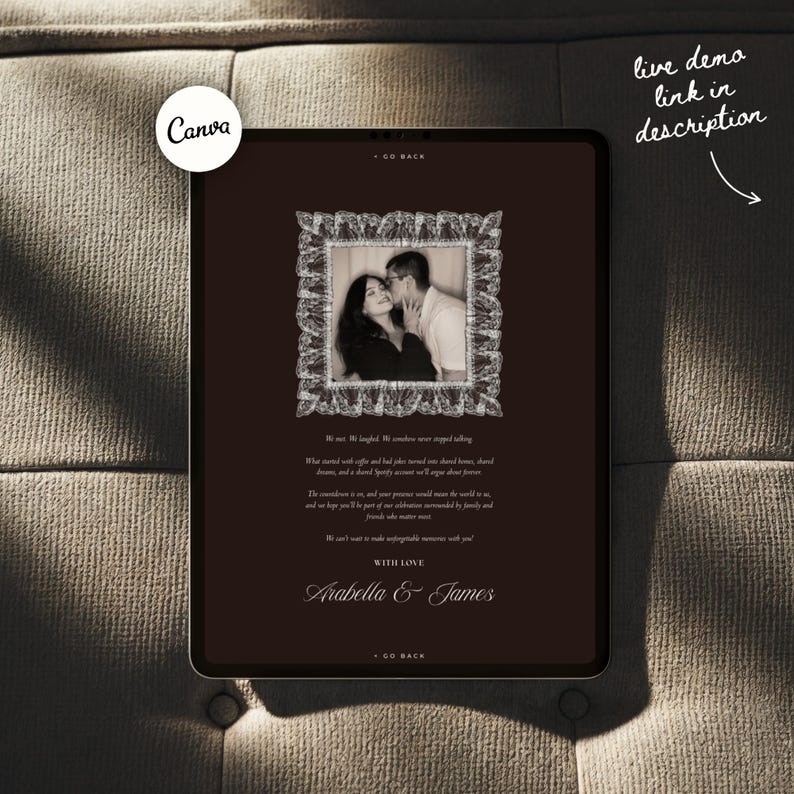 May include: A digital tablet displays a sepia-toned photo of a couple within a decorative frame. The text "live demo link in description" is written in cursive. The tablet also includes the text "Arabella & James."