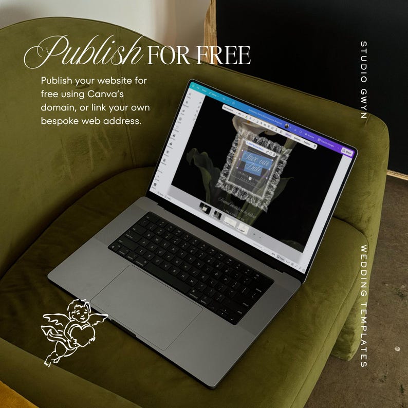 K&ouml;nnte beinhalten: Ein silberner Laptop mit einer Canva-Oberfl&auml;che und einer Save the Date-Vorlage. Der Text auf dem Bildschirm lautet Publish FOR FREE, Publish your website for free using Canva's domain, or link your own bespoke web address. Enth&auml;lt eine Cherub-Grafik.