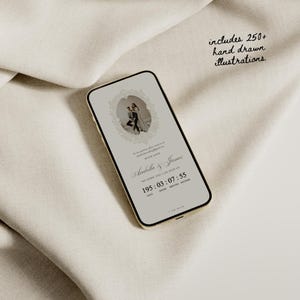 K&ouml;nnte beinhalten: Ein Smartphone zeigt eine digitale Hochzeitseinladung mit einem zentralen ovalen Fotorahmen, der ein Paar enth&auml;lt, dem Text "Arabella & James" und einem Countdown-Timer, der "195 : 03 : 07 : 55" f&uuml;r Tage, Stunden, Minuten und Sekunden anzeigt.