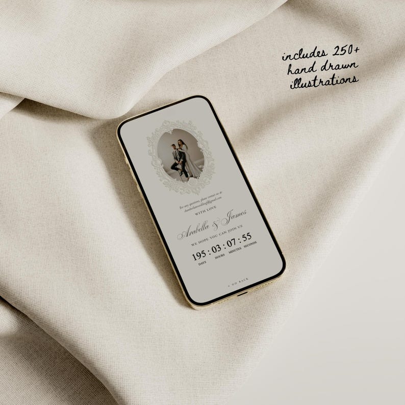 K&ouml;nnte beinhalten: Ein Smartphone zeigt eine digitale Hochzeitseinladung mit einem zentralen ovalen Fotorahmen, der ein Paar enth&auml;lt, dem Text "Arabella & James" und einem Countdown-Timer, der "195 : 03 : 07 : 55" f&uuml;r Tage, Stunden, Minuten und Sekunden anzeigt.