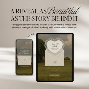May include: A digital save-the-date announcement displayed on a smartphone and tablet. The design features a heart-shaped element with the text "Save our Date" and a stylized envelope. The background is a field with trees.