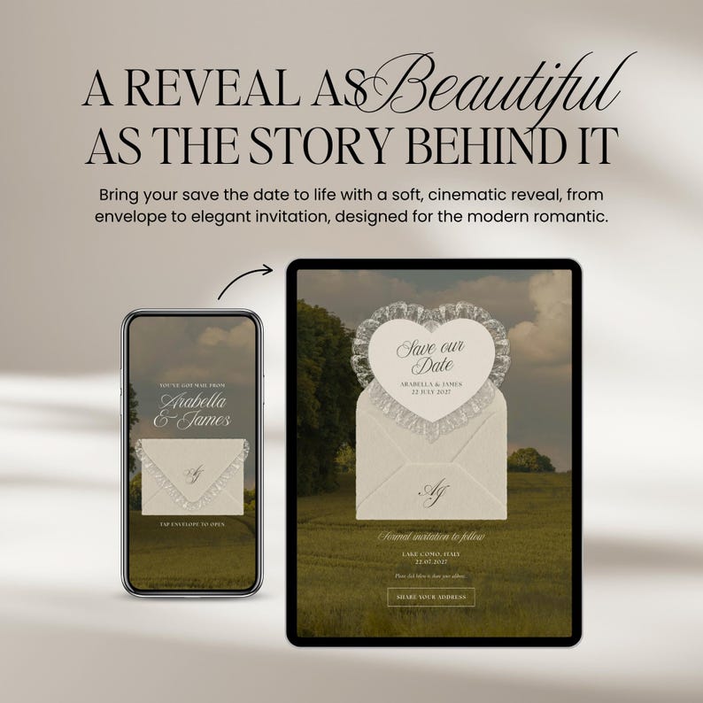May include: A digital save-the-date announcement displayed on a smartphone and tablet. The design features a heart-shaped element with the text "Save our Date" and a stylized envelope. The background is a field with trees.