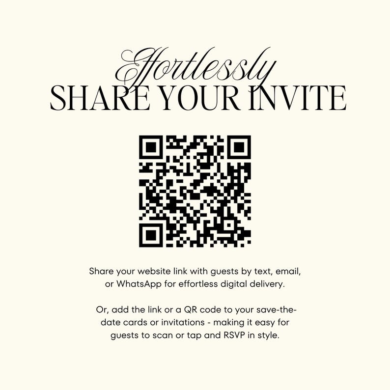 May include: Cream-colored graphic with the text "Effortlessly Share Your Invite" above a black QR code. Below, text explains how to share a website link via text, email, or WhatsApp, or add a QR code to invitations.