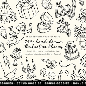 May include: Black and white hand-drawn illustrations of various objects, including a gift box, wedding rings, a scooter, a cake, and dice. Text reads "250+ hand-drawn illustration library."