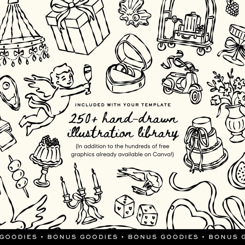 May include: Black and white hand-drawn illustrations of various objects, including a gift box, wedding rings, a scooter, a cake, and dice. Text reads "250+ hand-drawn illustration library."