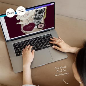 May include: A laptop screen displays a digital design template on the Canva platform. The design features a dark maroon background, a heart-shaped frame with lace trim, and a vertical photo strip showing black and white portraits of people.