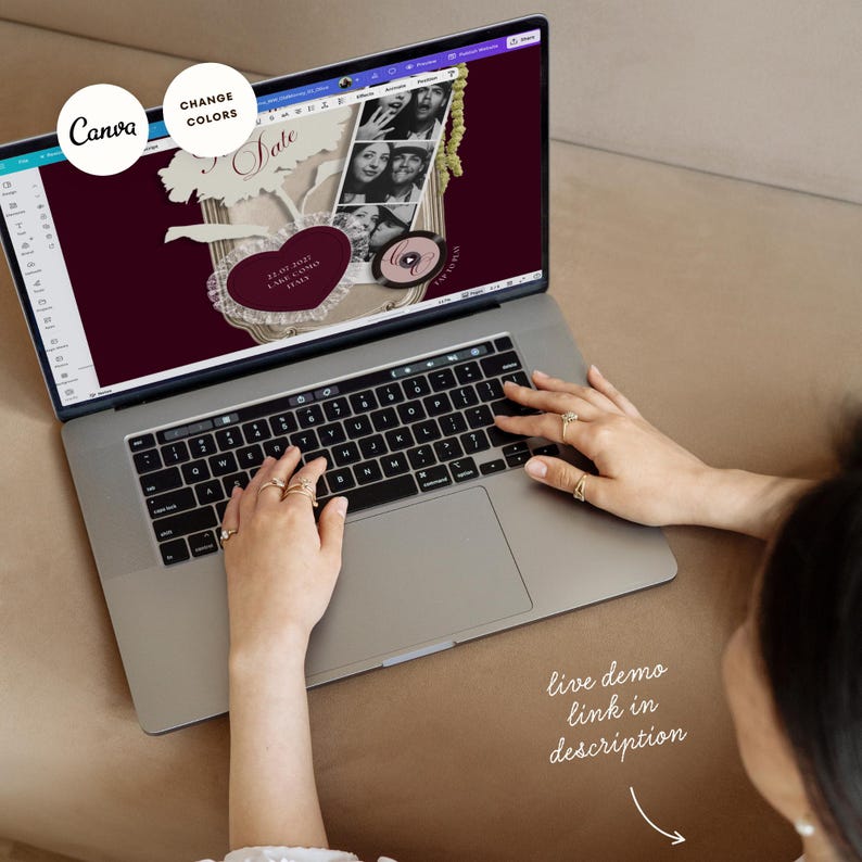 May include: A laptop screen displays a digital design template on the Canva platform. The design features a dark maroon background, a heart-shaped frame with lace trim, and a vertical photo strip showing black and white portraits of people.